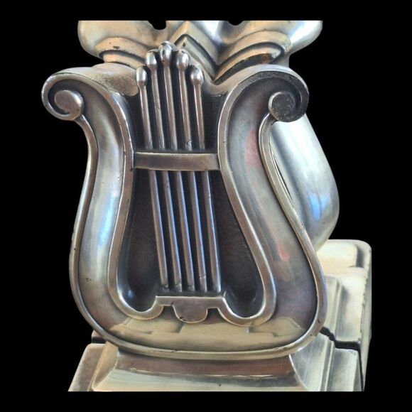 Harp Lyre Heavy Metal Art Deco Bookends Silver Toned Vintage PMC Made in USA - Picture 1 of 16